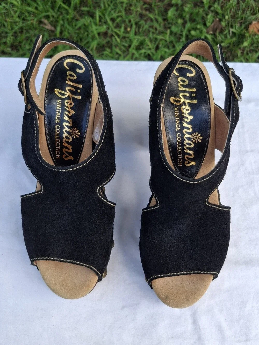Californians Black Suede Studded Wood Sole Slingback Platform Sandals Clogs Sz 7
